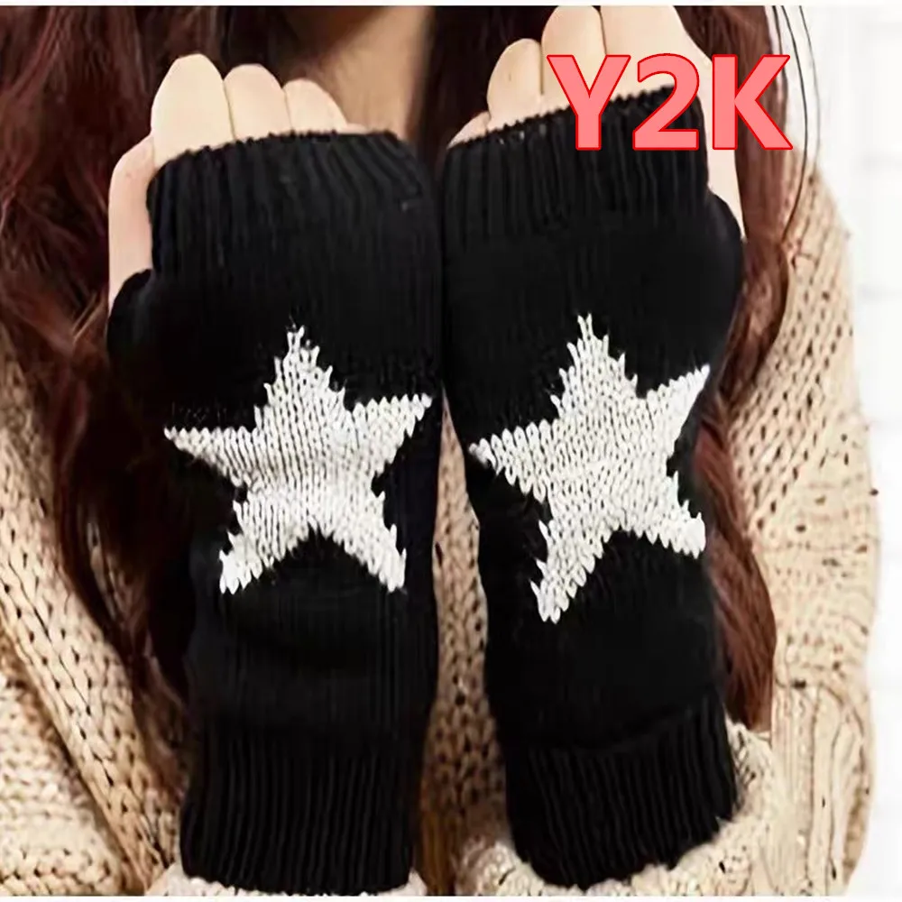 New Y2K Star Knitted Gloves Warm Winter Women's Half Finger Knitted Gloves Warm Soft Pentagram Woolen Hand Fingerless Gloves