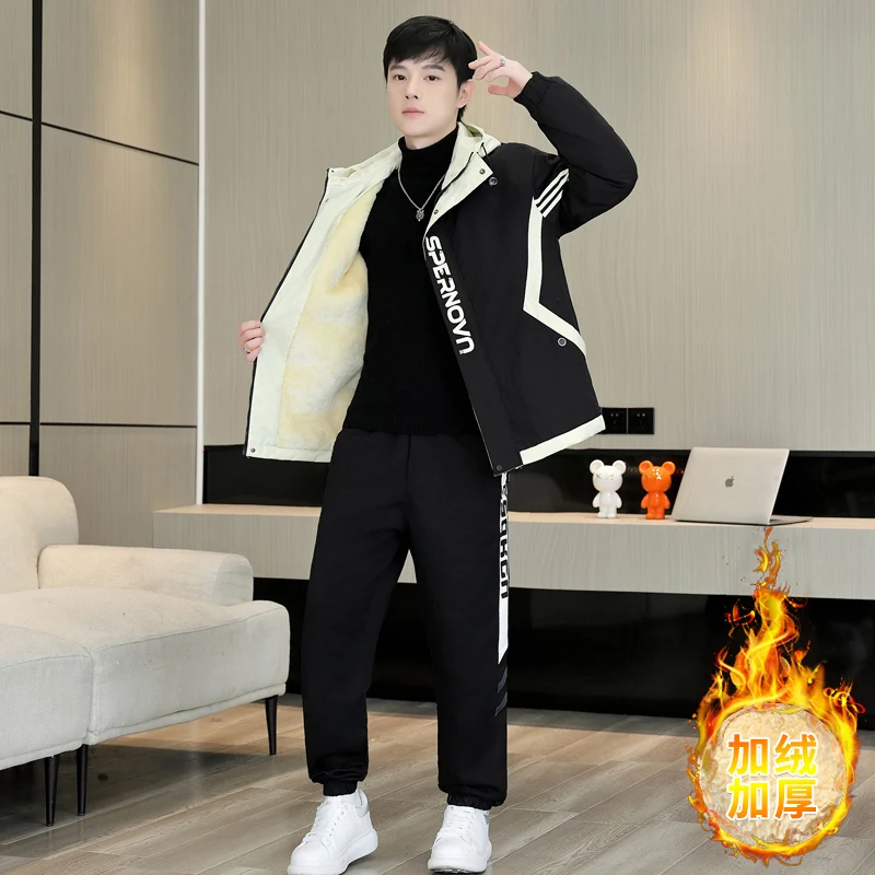 الشتاء سميكة الرجال التغلب على سترة مجموعات دافئة وسيم مقنعين قطعتين مجموعة زائد المخملية عالية الجودة الدافئة رياضية