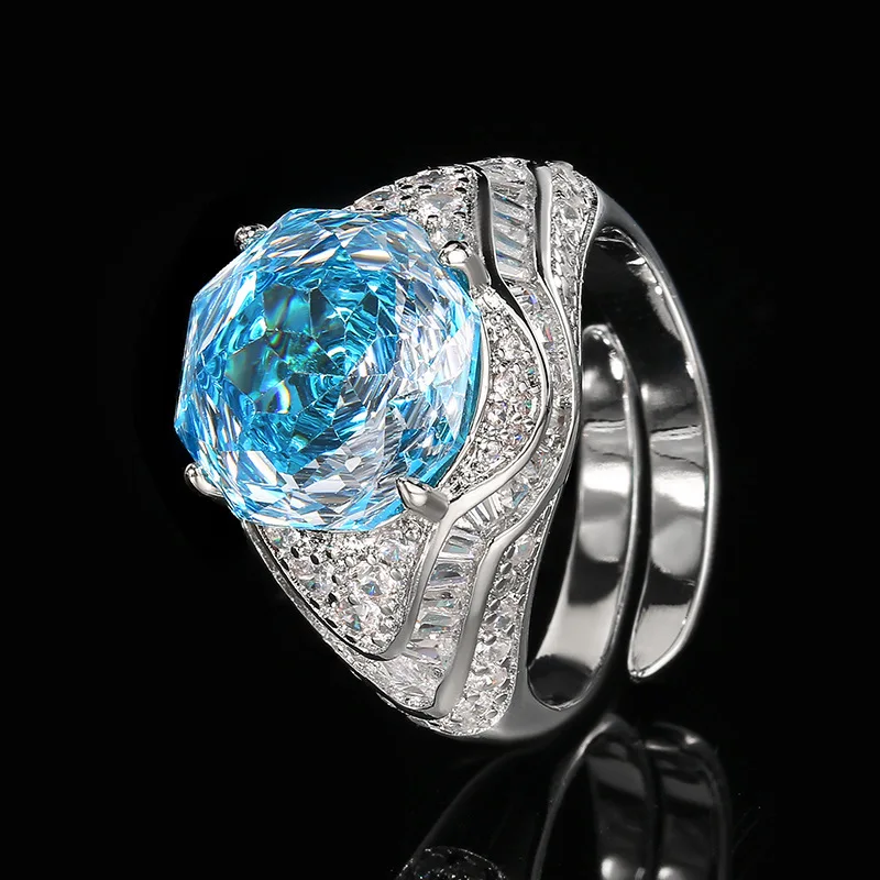 New jewelry with copper base and gold plating, sea blue elegant round ring for women, 12mm, wholesale