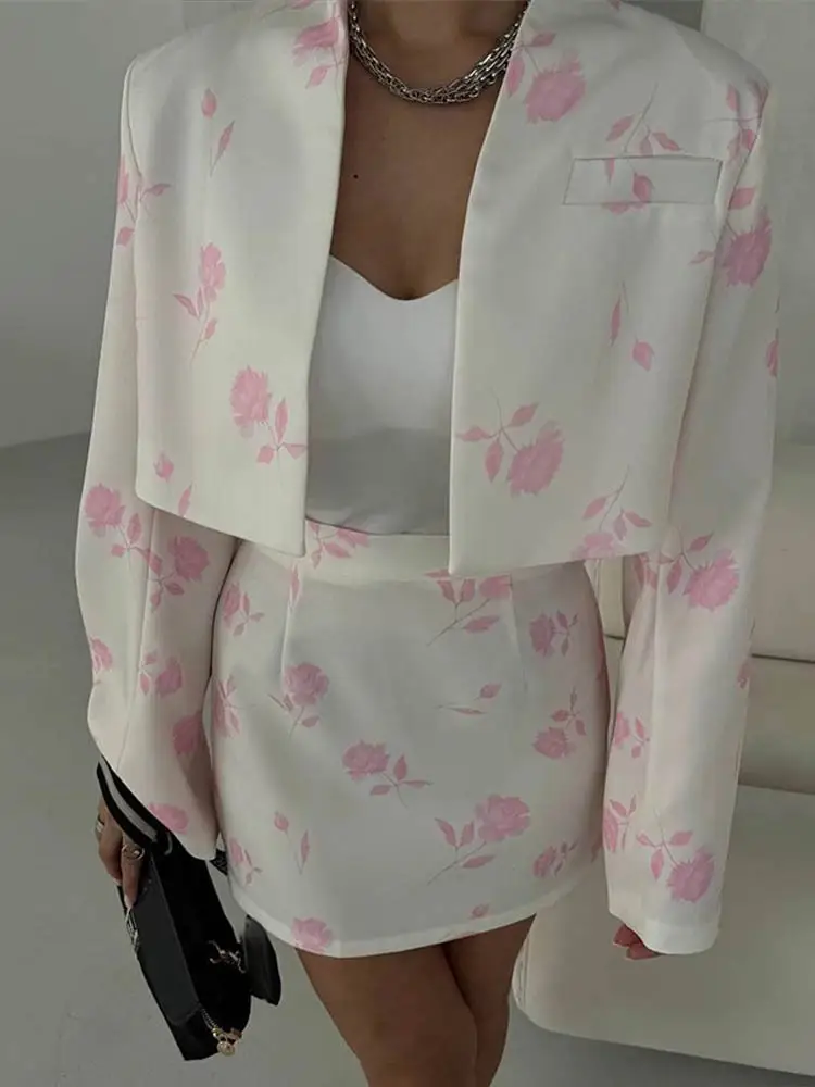 

Короткий костюм с принтом, пальто, короткая юбка, женский комплект, кардиган с воротником-стойкой, костюмы, куртка, топ, юбки с высокой талией, официальная одежда для поездок на работу