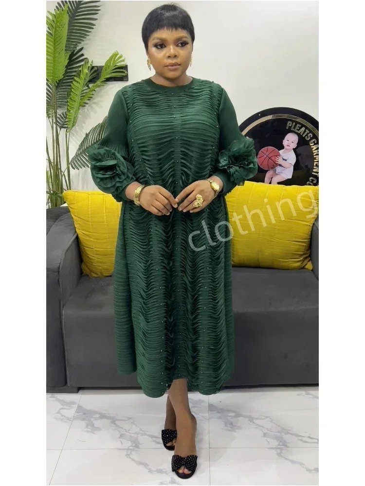 ANLAN Miyake Pleated Dress For Women Spring Round Collar Lantern Sleeve High Stretch Loose Dresses 2025 New Clothing 2AN4395