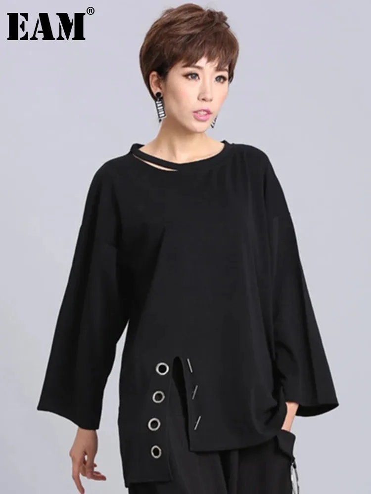 [EAM] 2024New Spring Summer  Black Full Sleeve O Collar Split Pullover Personality Women Fashion Tide Loose Casual T-shirt OA881