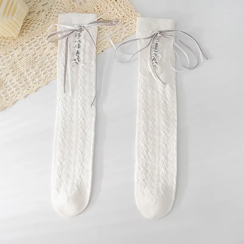 195E Calzini alti ginocchio per bambine e ragazze, calzini per stivali in cotone, fiocchi dolci, calzini polpaccio, regali