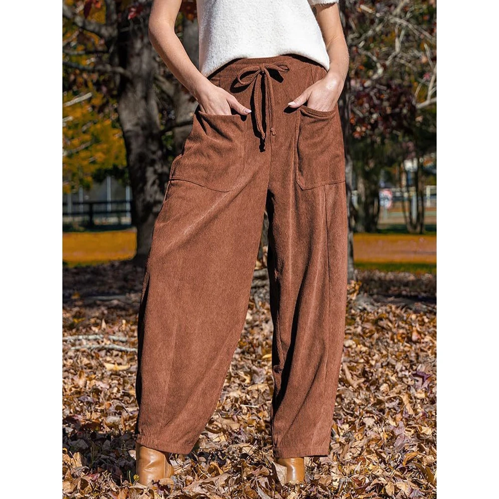 Women's Autumn Winter Corduroy Harem Pants Loose Wide Leg Casual Slimming Cross-Border Style Commute Wind Pocket Element