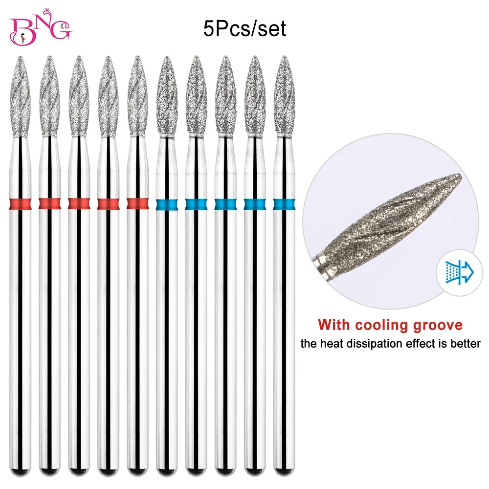 BNG 5pcs/set E-File Nail Drill Bit for Manicure Russian Electric File Bits with Cooling Grooves Diamond Flame Tips Cuticle Bits