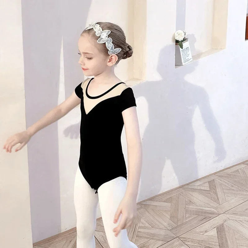 ثياب الباليه للفتيات قطعة واحدة كلاسيكية برقبة دائرية مرقعة أنيقة للرقص ملابس رياضية للياقة البدنية والجمباز