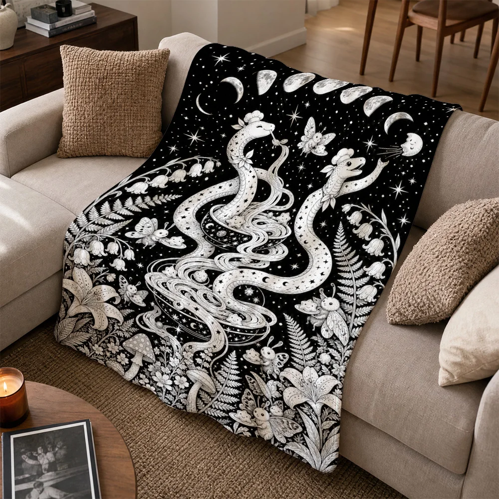 Mystical Snake Moon Celestial Throw Blanket Gothic Decor Starry Night Witchy Plush Couch Cover Botanical Engraving Art