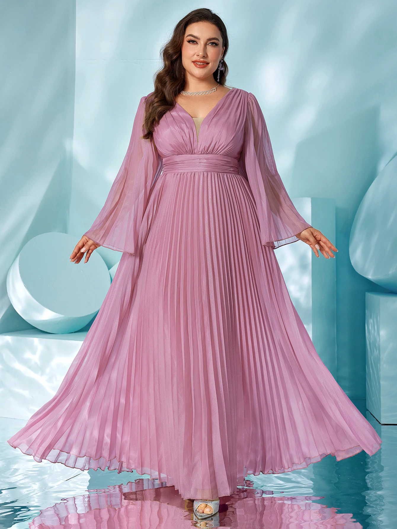

UNITHORE Plus V-Neck Bell Sleeve Pleated Tencel Chiffon Maxi Dress Full Body Pleating Empire Waist Gown for Women