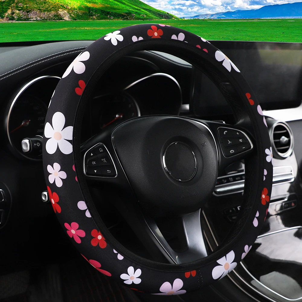 Flower Panda Spider Web Fabric Non-slip Car Steering Wheel Cover without Inner Ring Car Accessories Suitable for 14.5-15INCH