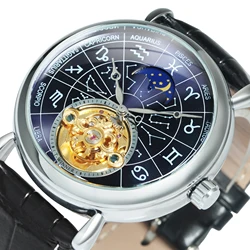 WINNER Zodiac Constellations Astronomical Automatic Watch for Men Genuine Leather Belt Luxury Brand Skeleton Mechanical Watches