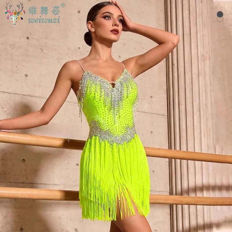 

Latin Dance Professional Dress Adult Children High-End Customized Diamond Stripe Tassel Tango Samba AB Stone Performance Dress