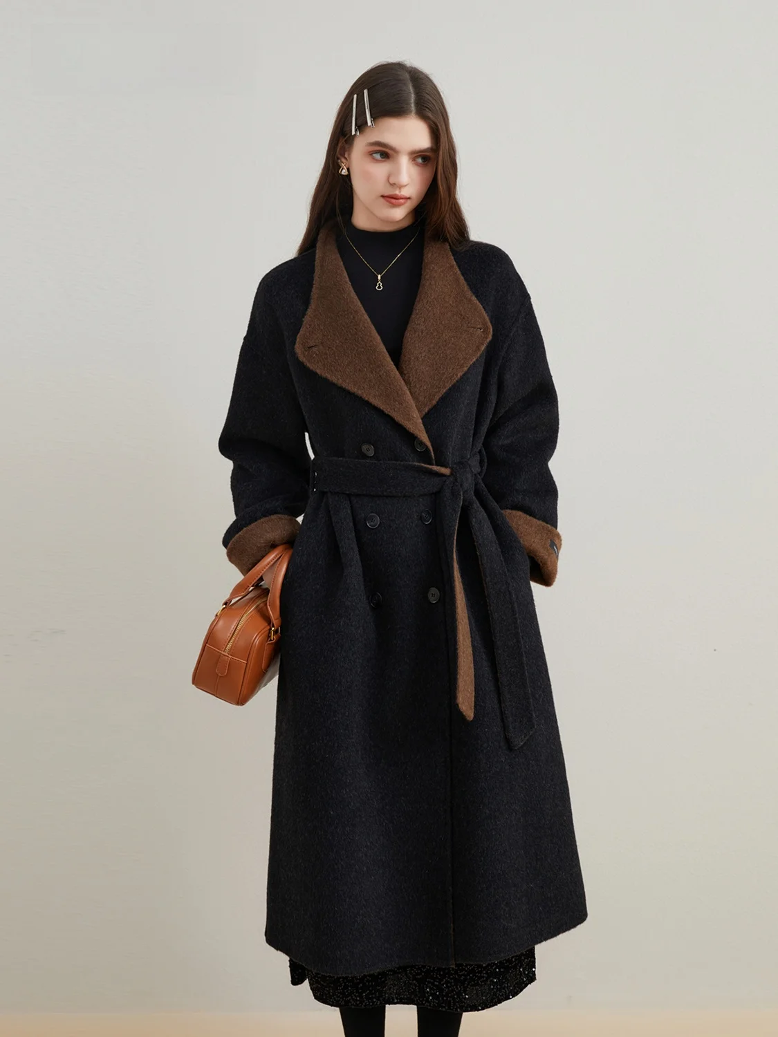 

High-End Double-Sided Woolen Coat Women's Mid-Length Korean Style Small Size Woolen Tweed Jacket Button Detail Belt Detail Po...