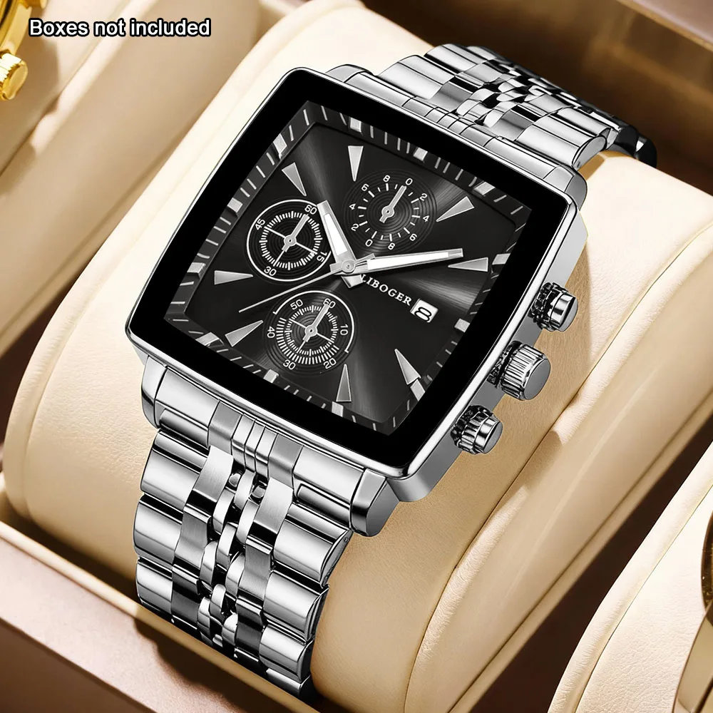 Luxury business square dial men's quartz watch, fashionable stainless steel men's calendar business watch