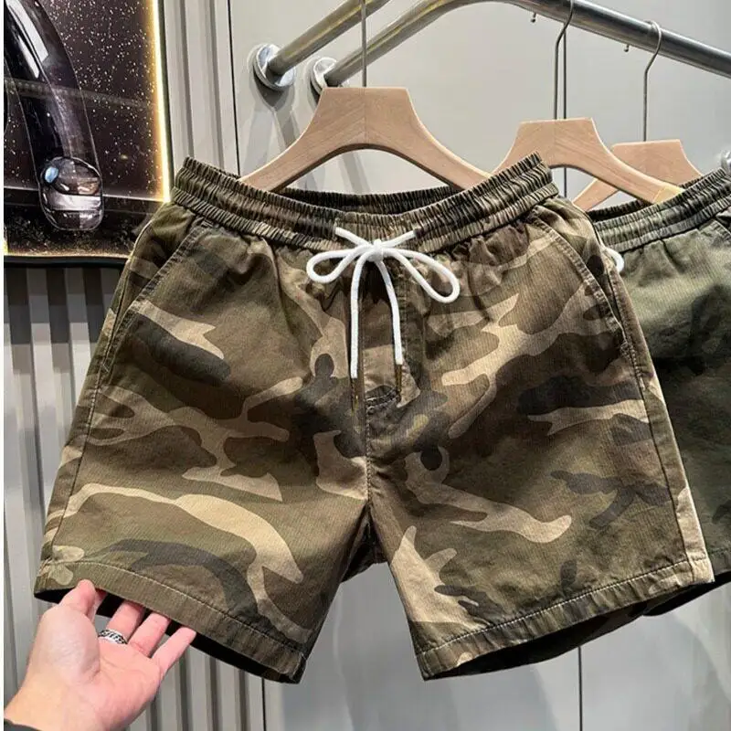 Summer Camouflage Men's Elastic Waist Shorts Loose Fit Three-quarter Length Fashionable Breathable Workwear Style Cargo Pants