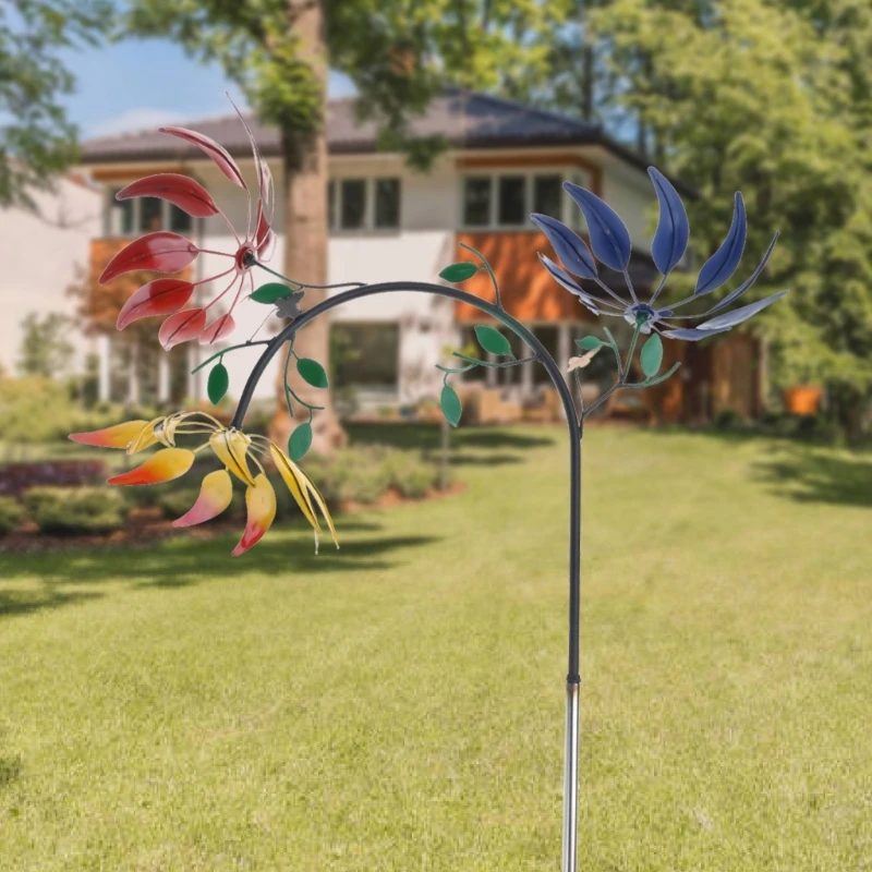 Large Metal Wind Spinner with Three Spinning Flowers Butterflies Windmill Wind Sculpture for Outdoor Garden Art Decor M76D