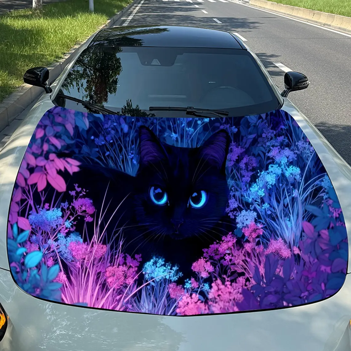 Neon Flower Field Black Cat Car Vinyl Wrap, PVC Material Waterproof Car Hood Sticker, Self-Adhesive Scratch-Resistant Stickers f