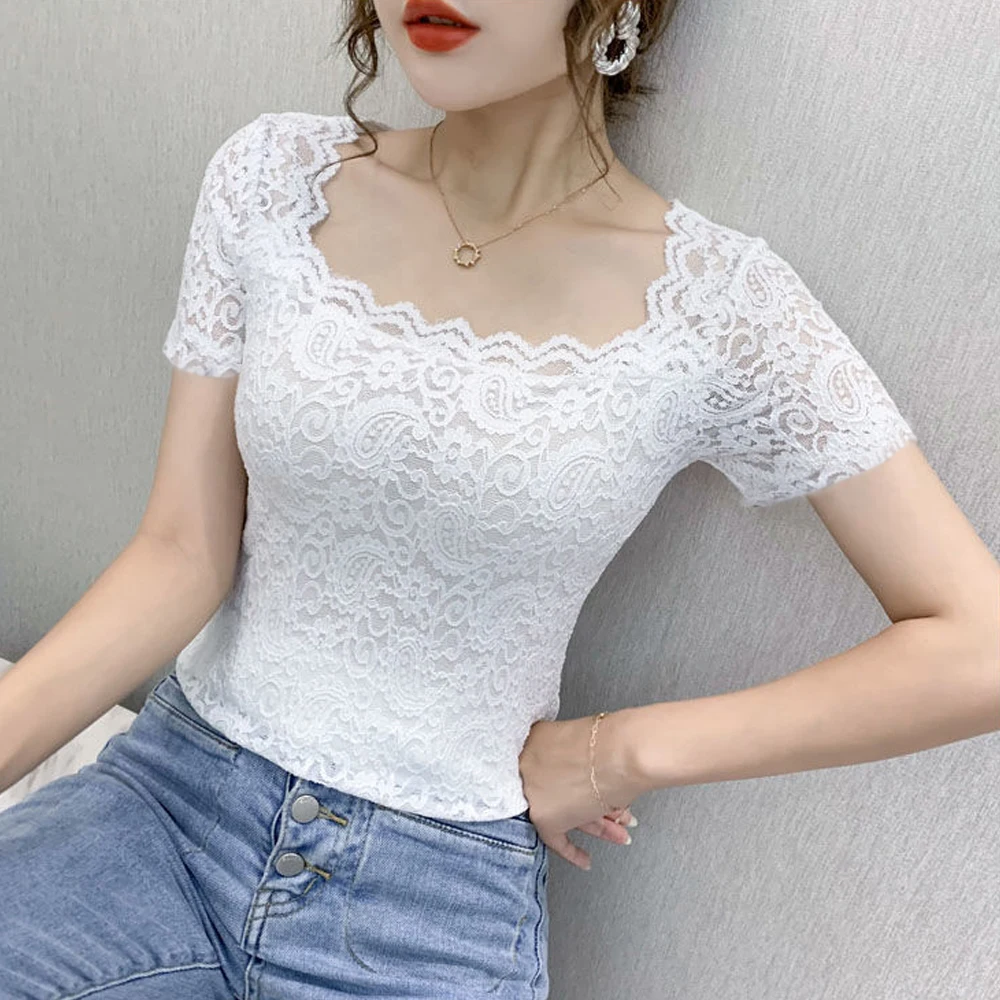 S-2XL Stretchy Persian Pattern Lace T Shirt Women Stretch Knitted Square Neck Short Sleeve Blouse Fashion Female Blouses Shirt