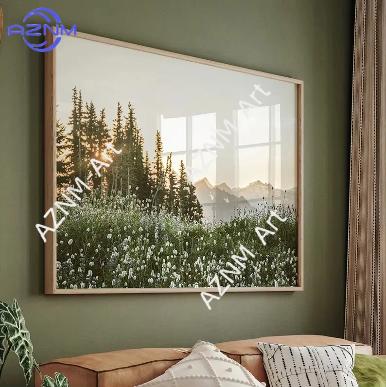 1 Stück, großes grünes Wildblumen-Wandkunst-Poster mit skandinavischer Waldlandschaft, Leinwanddruck für modernes Wohnzimmer und Zuhause