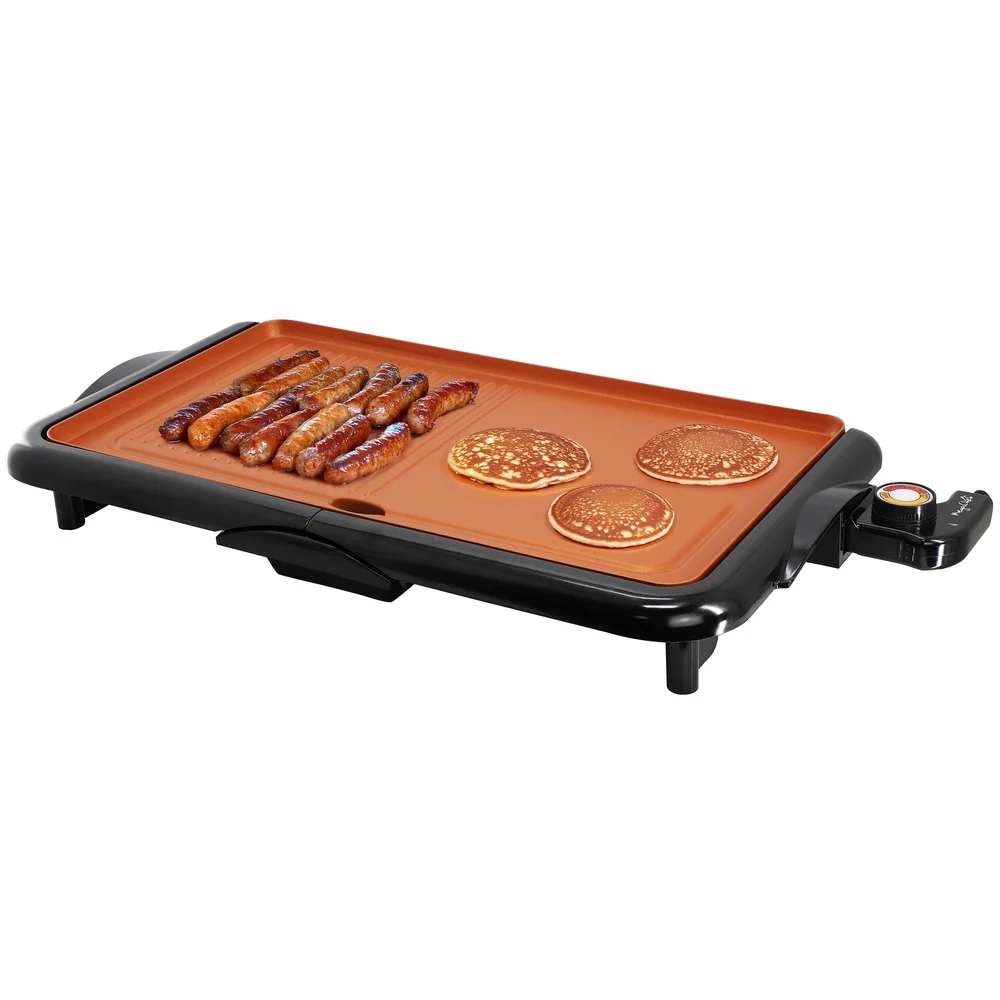 18.89 Inch Electric Grill Griddle Non-Stick Copper Coating Adjustable Temperature 1400W Cooking Area Perfect Family Meals