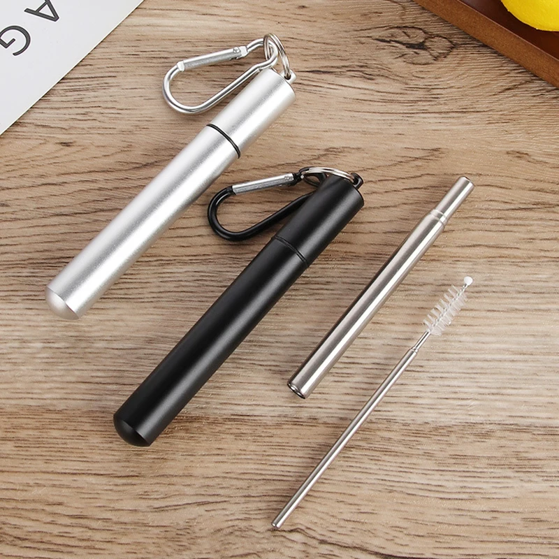 Collapsible Stainless Steel Straw Keychain Durable Reusable Drinking Straw for Travel Wine Beverages  Indoor Outdoor Use