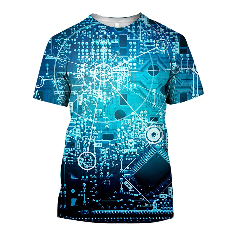 Electronic Chip 3D Printed T-shirt Cool Circuit Board Pattern Men\'s Fun Hip Hop Street Fashion Casual Crewneck Short Sleeve Top