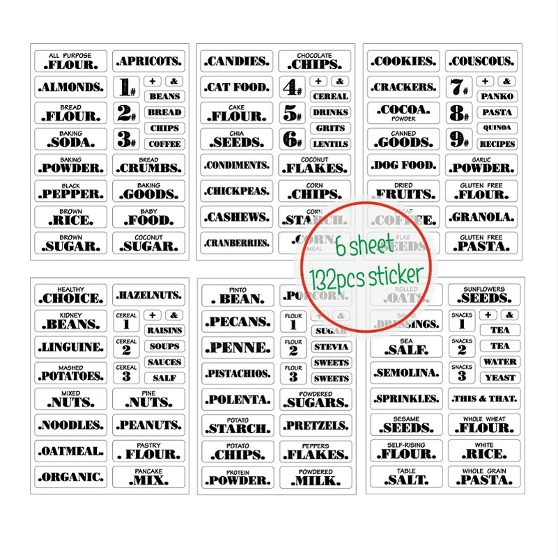 132pcs/6 Sheets Creative Transparent Waterproof Various Shapes Kitchen Jars Bottle Pantry Food Storage Container Labels Stickers