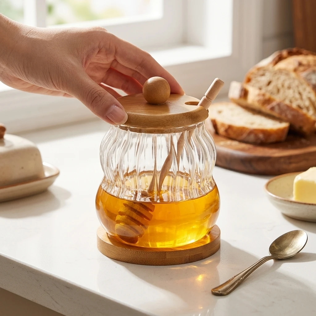 High-Borosilicate Glass Honey-Jar with Lid and Stainless Steel Stirring-Rod Food Grade Silicone Seal Wide Mouth Storage