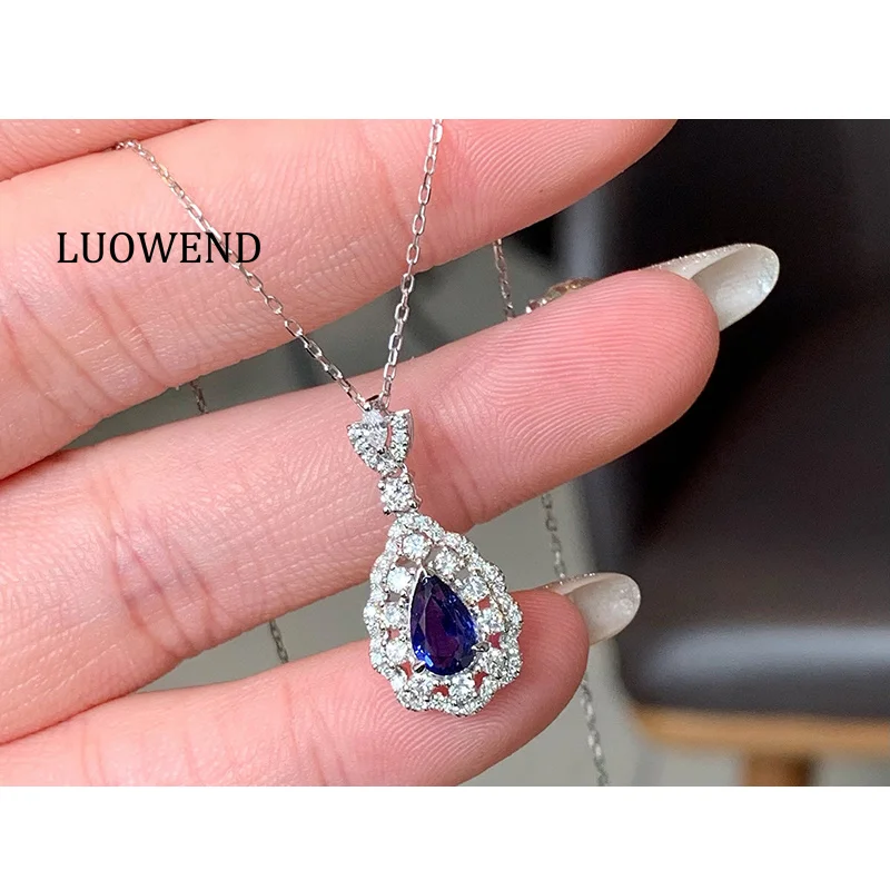 

LUOWEND 100% 18K White Gold Necklace Elegant Style Luxury Diamond Natural Sapphire Pendant Necklace for Women Fine Jewelry