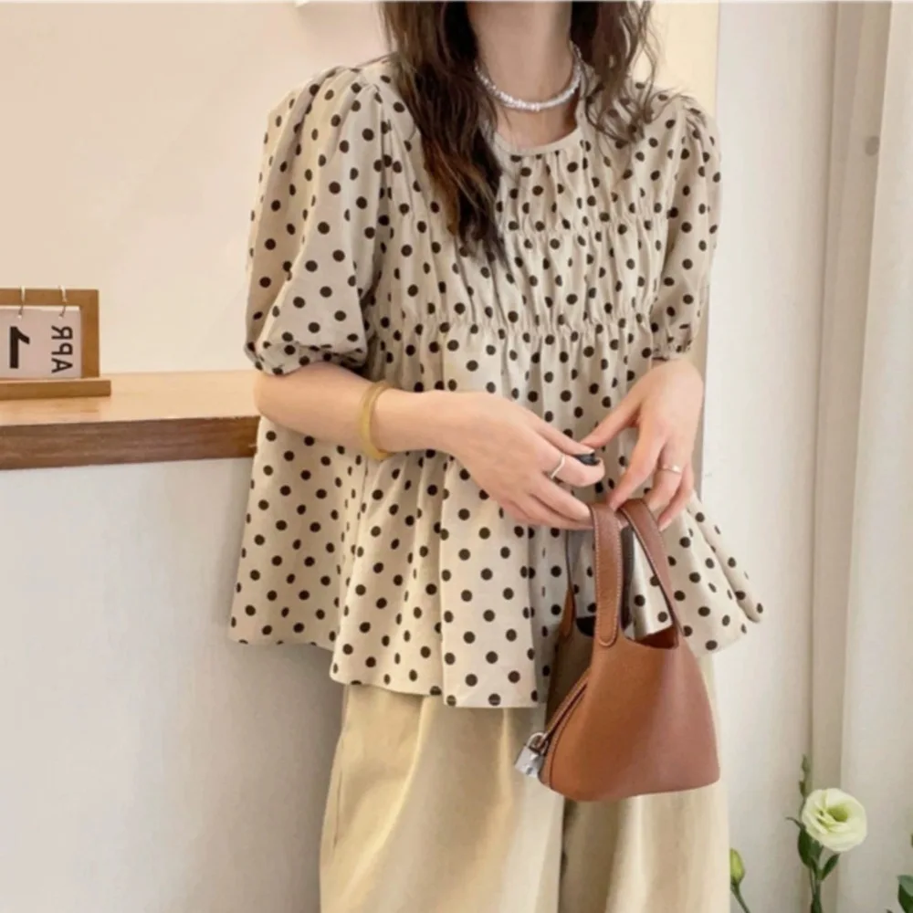 Women's Beige Polka Dot Puff Sleeve Blouse, Casual Round Neck Babydoll Top, Loose-Fit Summer Shirt with Gathered Waist