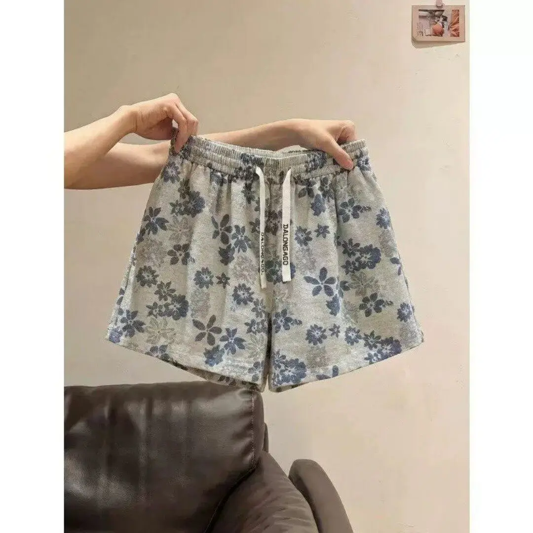 Loose Men's Floral Sport Shorts Summer Ultra Large Size 300 Pounds Vintage Plant Wide Leg Five Parts Pants Elastic Waist