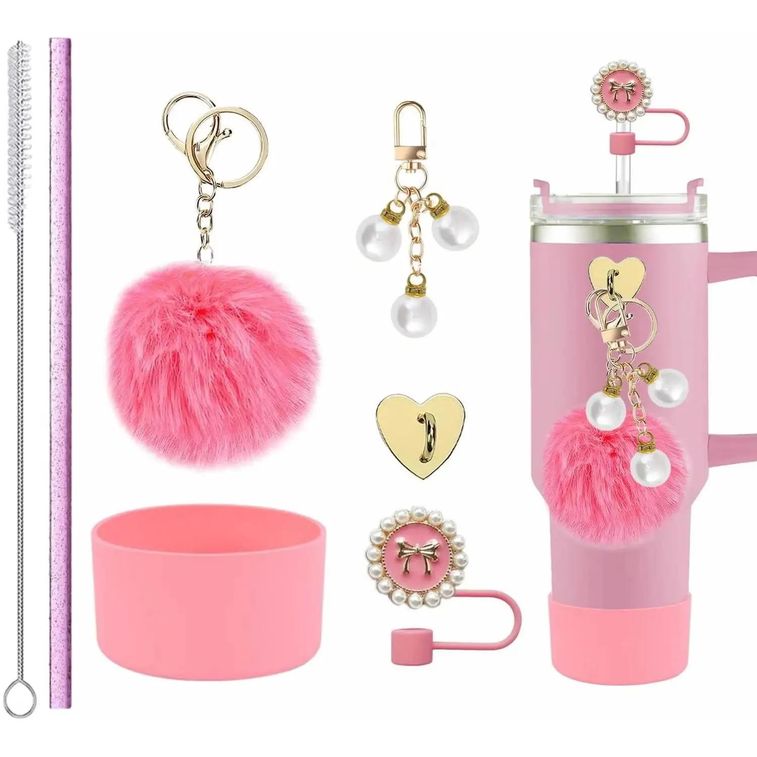 For Stanley Tumbler Gift Box Set with Straws Straw Cleaning Brushes Christmas Elk Pom-Pom Keychains - New Arrival