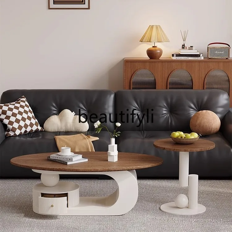 

Oval Rock Slab Coffee Table Living Room Home Light Luxury New Style Tea Table Side Table Set