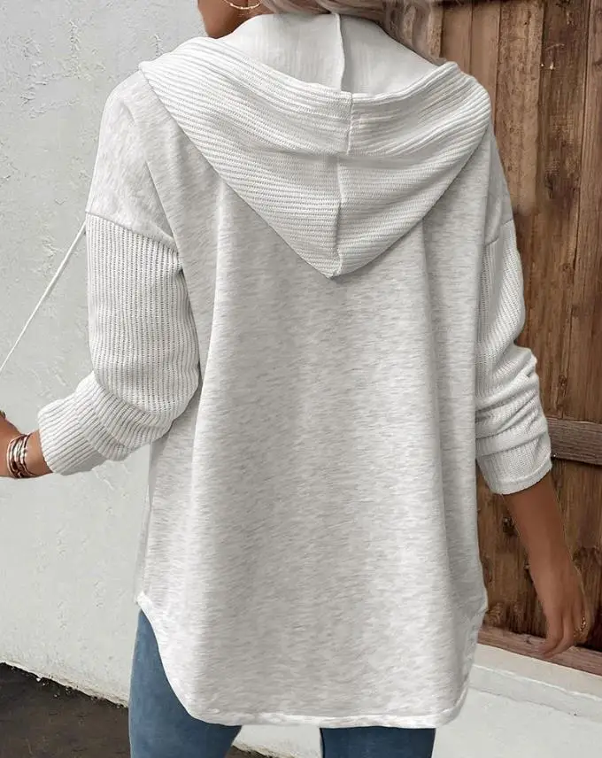 

Вязаная куртка с капюшоном в рубчик в стиле пэчворк на пуговицах с длинными рукавами на осень, женская повседневная свободная однотонная куртка с длинными рукавами