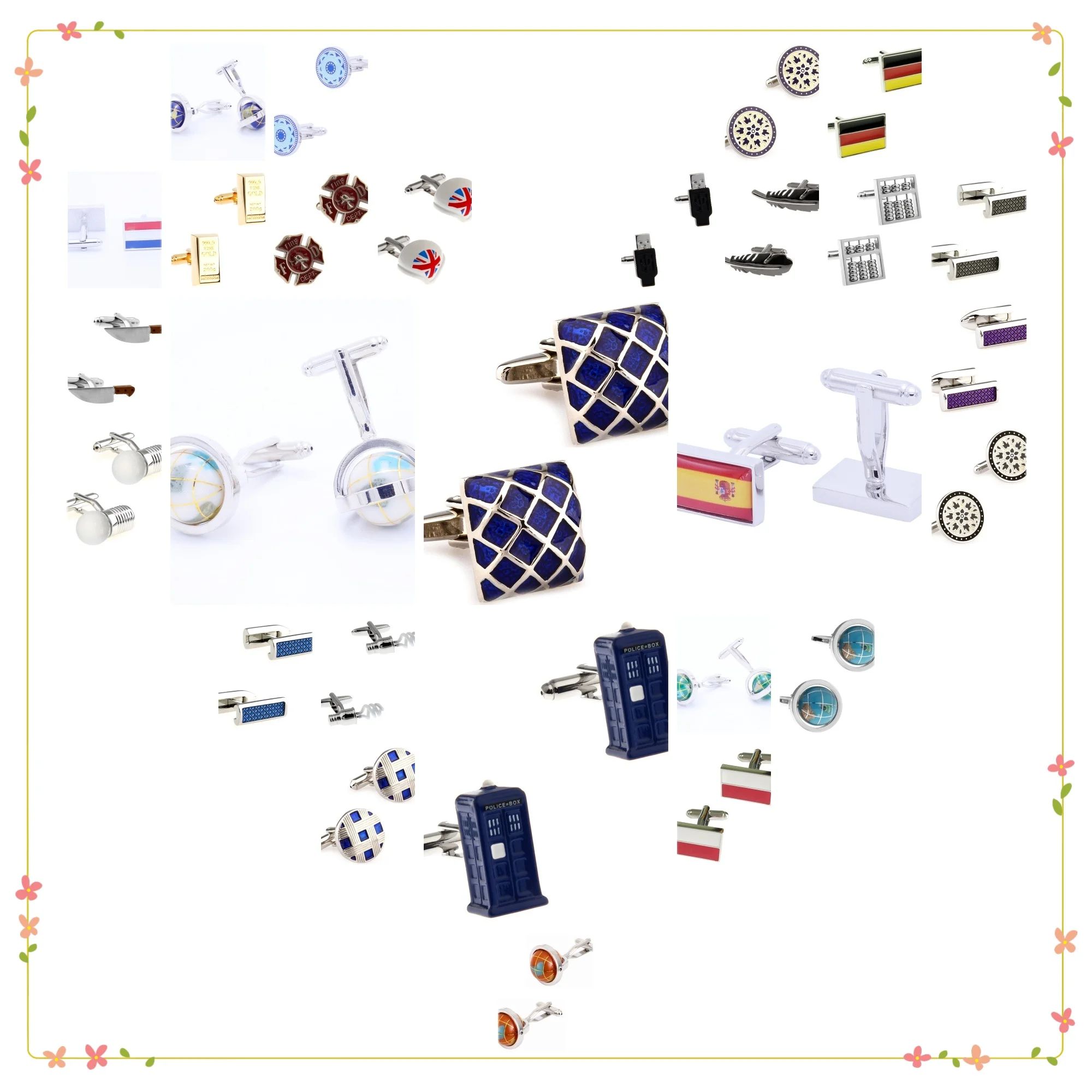 30 Designs Enamel Cufflinks Men Globe Cuff Links Flag Bulb Feather
