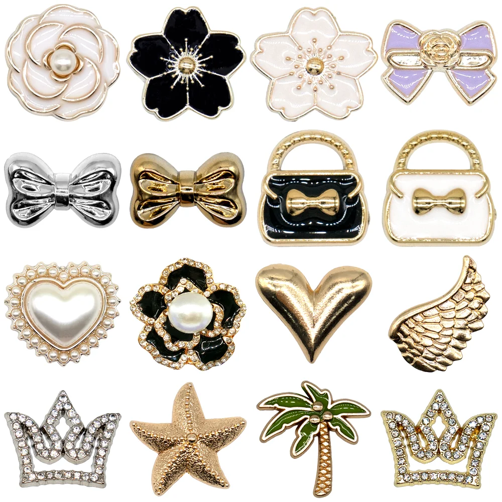 1-16PCS Metal Shoe Accessories, Starfish Bow Charms for Shoe Decoration, Heart-Shaped Wing Sandal and Clog Buckles