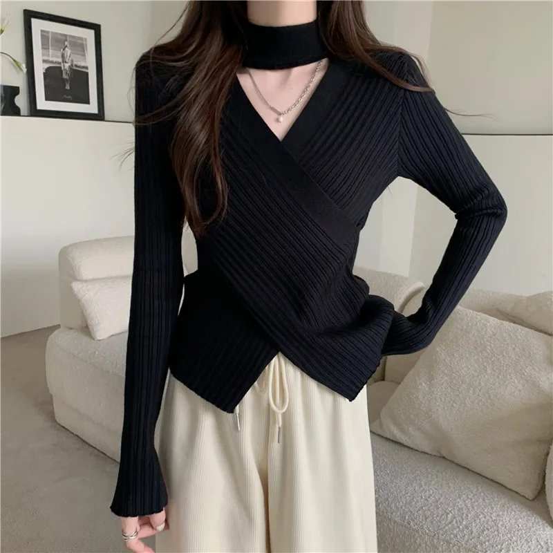 Korean Fashion Women halter Sweaters Autumn Winter Long Sleeve Irregular Knitted Sweater Female Casual Pullover jumper slim Tops