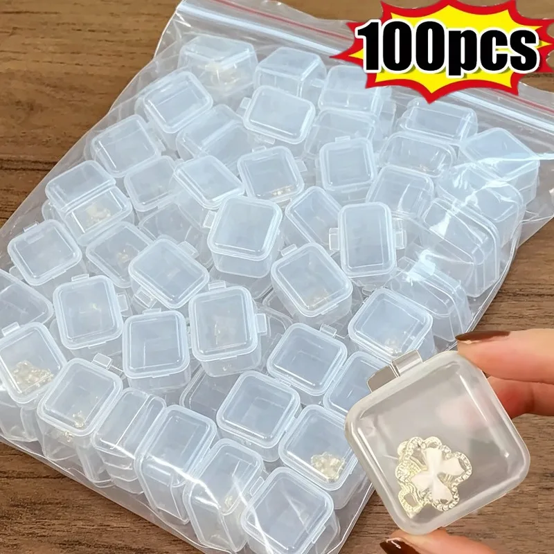 Paquete de 100 Cajas de Almacenamiento Cuadradas Mini, Transparentes, de Plástico, con Tapa Abatible, Pequeñas, para Pastillas, Joyas, Aretes, a Prueba de Polvo