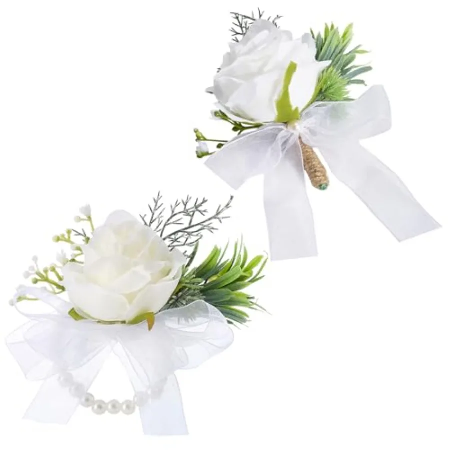 Elegant Ivory Corsage and Boutonniere Set 2 Pcs Corsage Wristlet for Bride Boutonniere for Men Wedding Prom Artificial White Fl