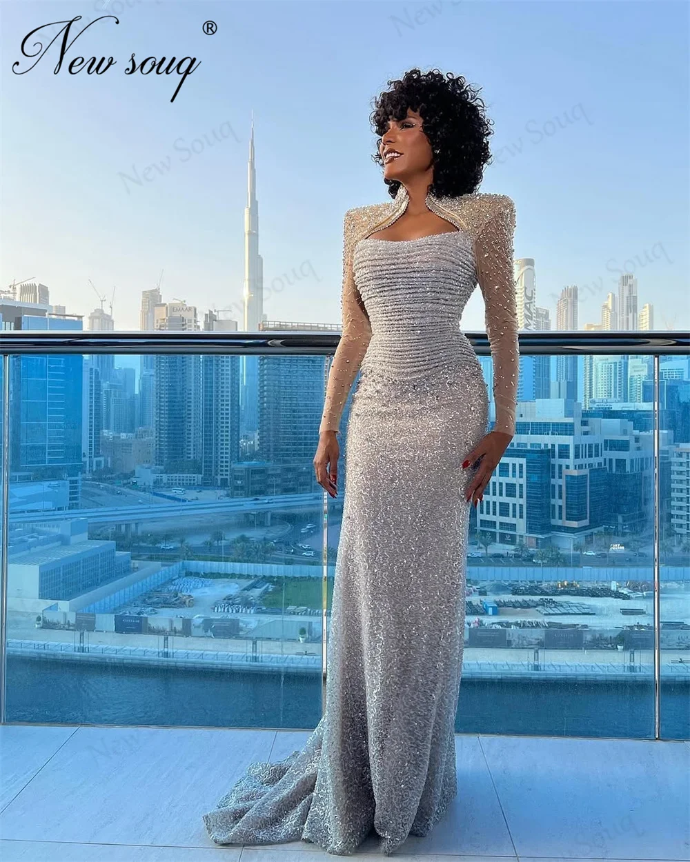 

Muslim Silver Long Sleeves Evening Dresses Vintage Mermaid Beaded Wedding Party Gowns Birthday Prom Robes De Soirée Customized