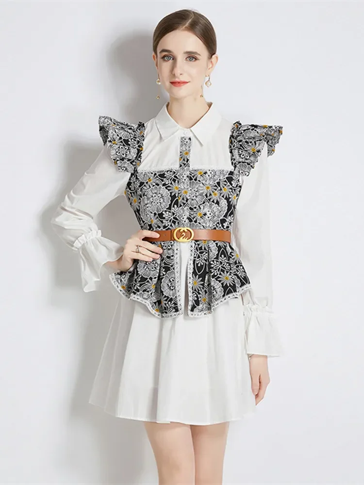 2023 Spring Summer Gorgeous Flower Embroidery Patchwork Shirt Dress Women Butterfly Sleeve Swan Belt One Piece Mini Vestidos