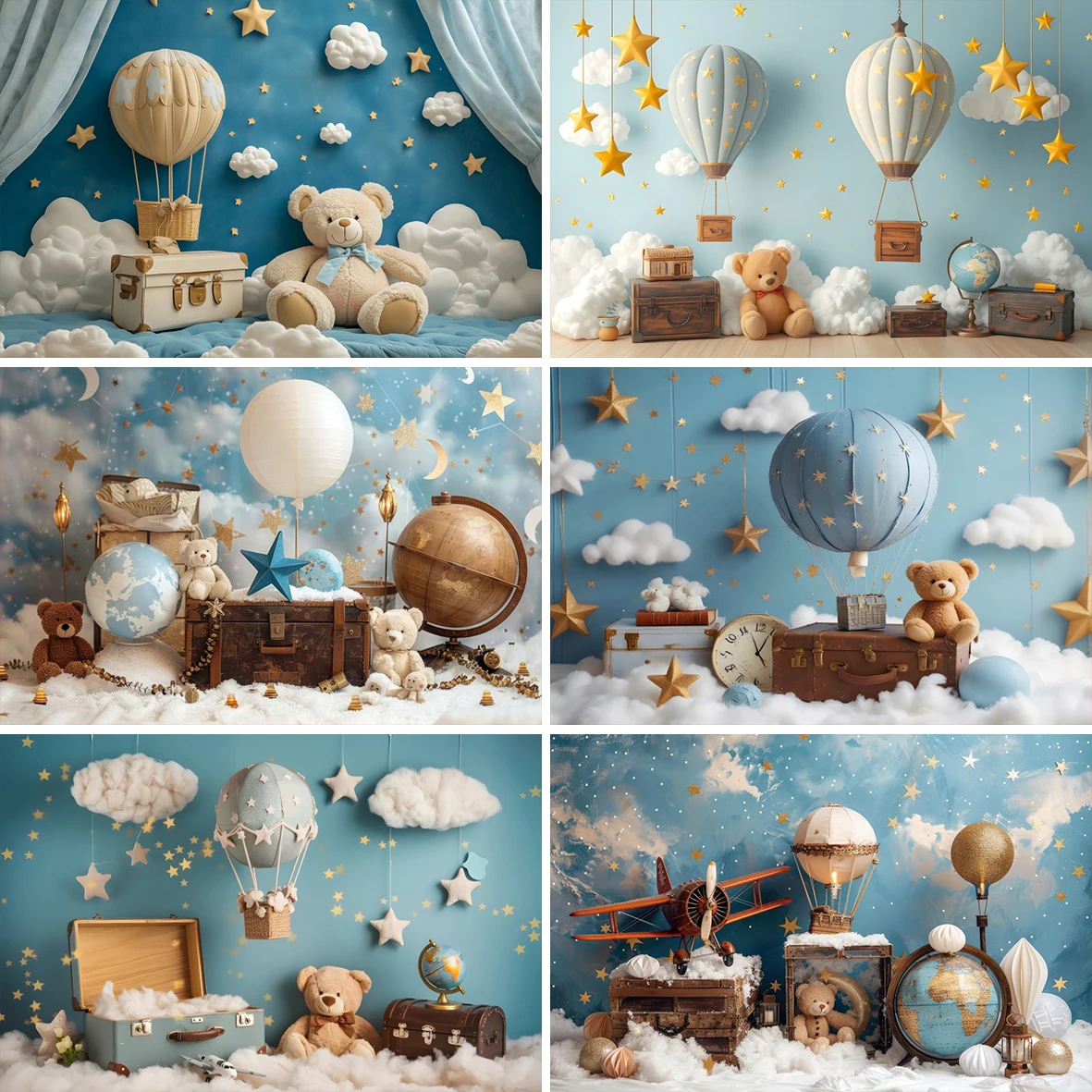 Teddy Bear Adventure Pilot Photography Background Baby Shower Birthday Party Hot Air Balloons Plane Travel Kids Photo Backdrops