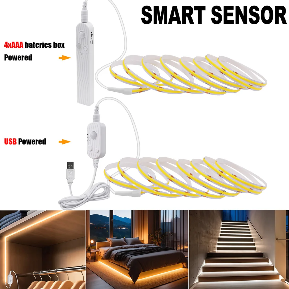 Imagem -02 - Sensor de Movimento Led Cob Light Strip Alimentado por Bateria Alimentado por Usb 5v Auto Ligar Desligar Iluminação Liner Diodo para Gabinete Roupeiro Cozinha Escadaria