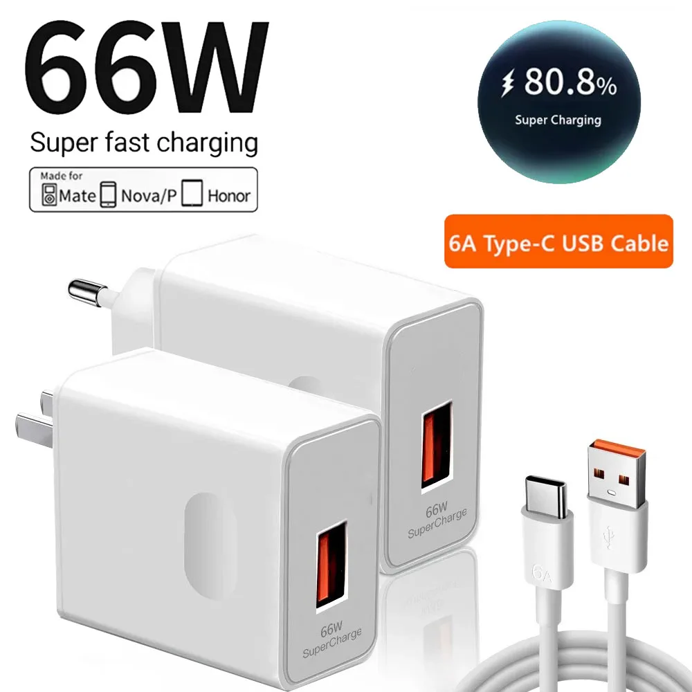 

66W Super Fast USB Charger For Huawei Mate 40 50 P50 P60 Nova 10 Honor 90 100 X8b Magic 5 Lite 6 Pro Type C Charging 6A Cable 1m