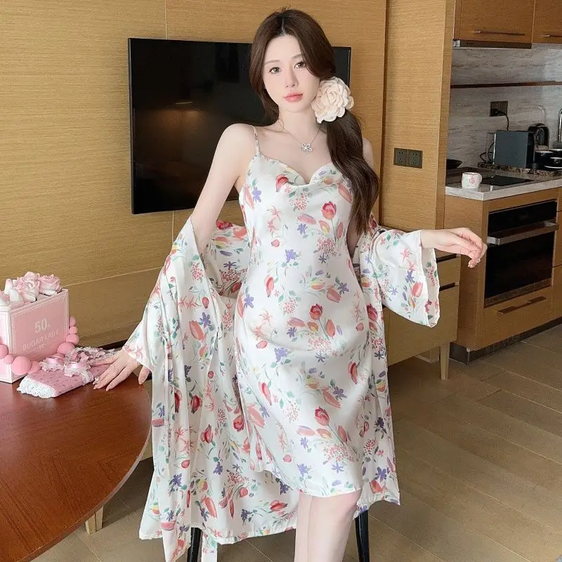 2026 Summer New Fashionable French Ice Silk Robe Women High Grade Printed Sweet Wind Light Luxury Back Strap Skirt Two Piece Set