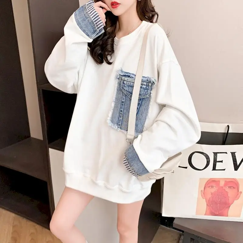 Casual Fashion Pullovers Women Denim Stitching Fake Two-piece Pullover Autumn 2024 New Loose Korean Mid-length All-match Tops