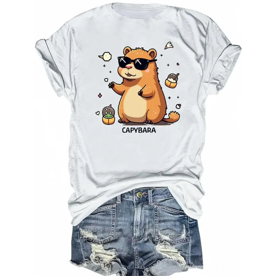 【New Arrival】Women Cool Capybara with Sunglasses and Snacks Graphic T-Shirt Cute Animal Casual Short Sleeve Crew Neck Tee