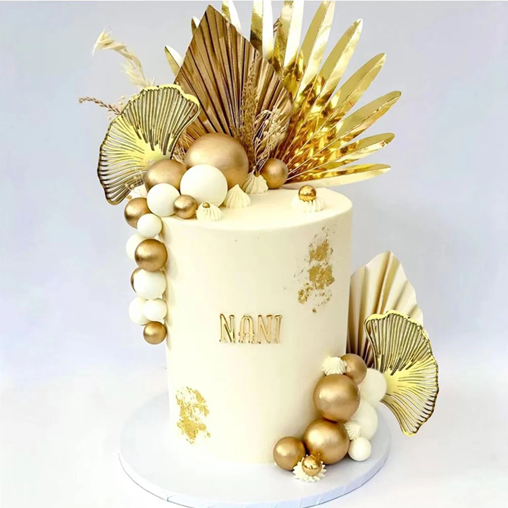 3PCS Happy Birthday  Gold Ginkgo Leaves Acrylic Cake Topper Baking Accessories Party Supplies