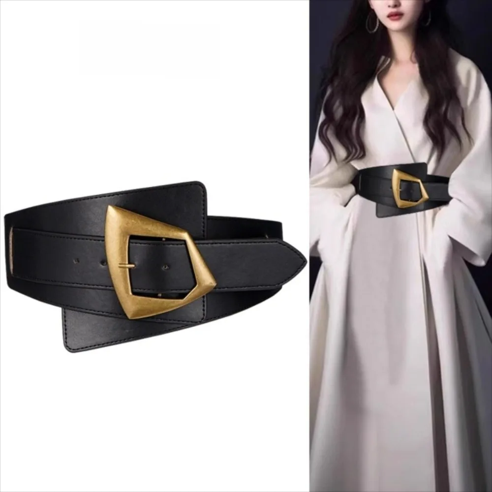 PU Leather Elastic Wide Cummerbunds Black Color Metal Buckle Women Formal Events Belt Retro Geometric Versatile Waist Belt