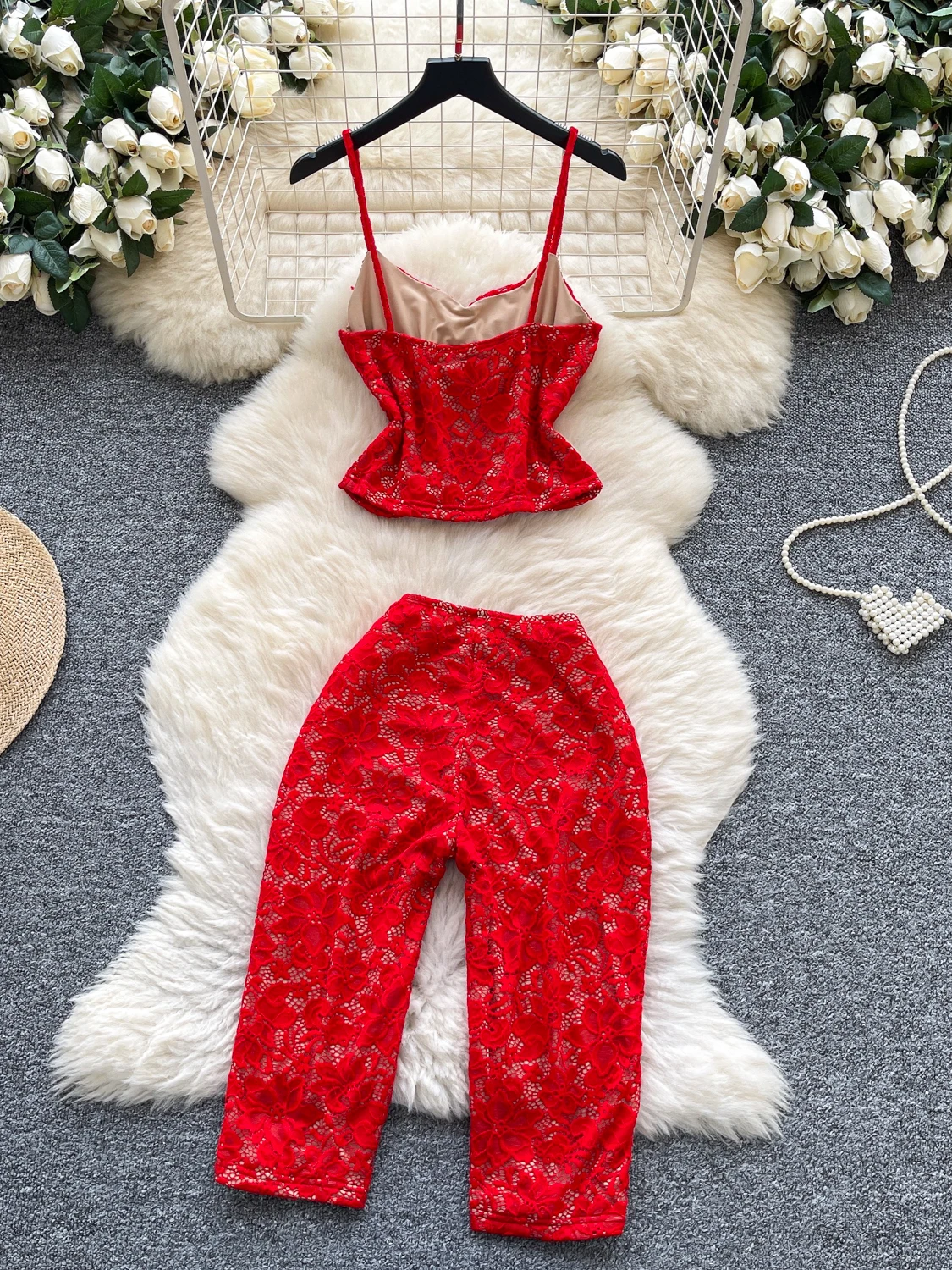 Ele Lace High Waist ort Pants Women's Summer Set Strapl Crop Top plus Long Sve V-Ne Two-Piece Faionable Outfit