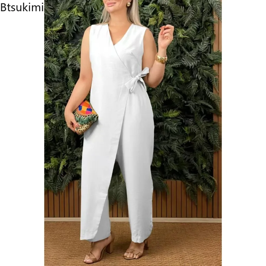 Women's Casual V-neck Cross Strap Jumpsuit Streetwear Loose Romper Elegant Lace Up Sleeveless Hollow Out Solid Office Jumpsuits
